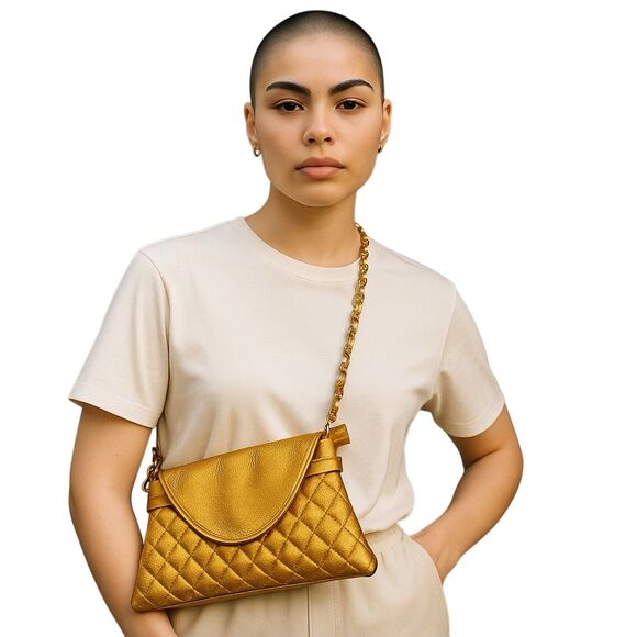 Handbags - Quilted Golden Bronze Shoulder Bag with Removable Chain Strap
